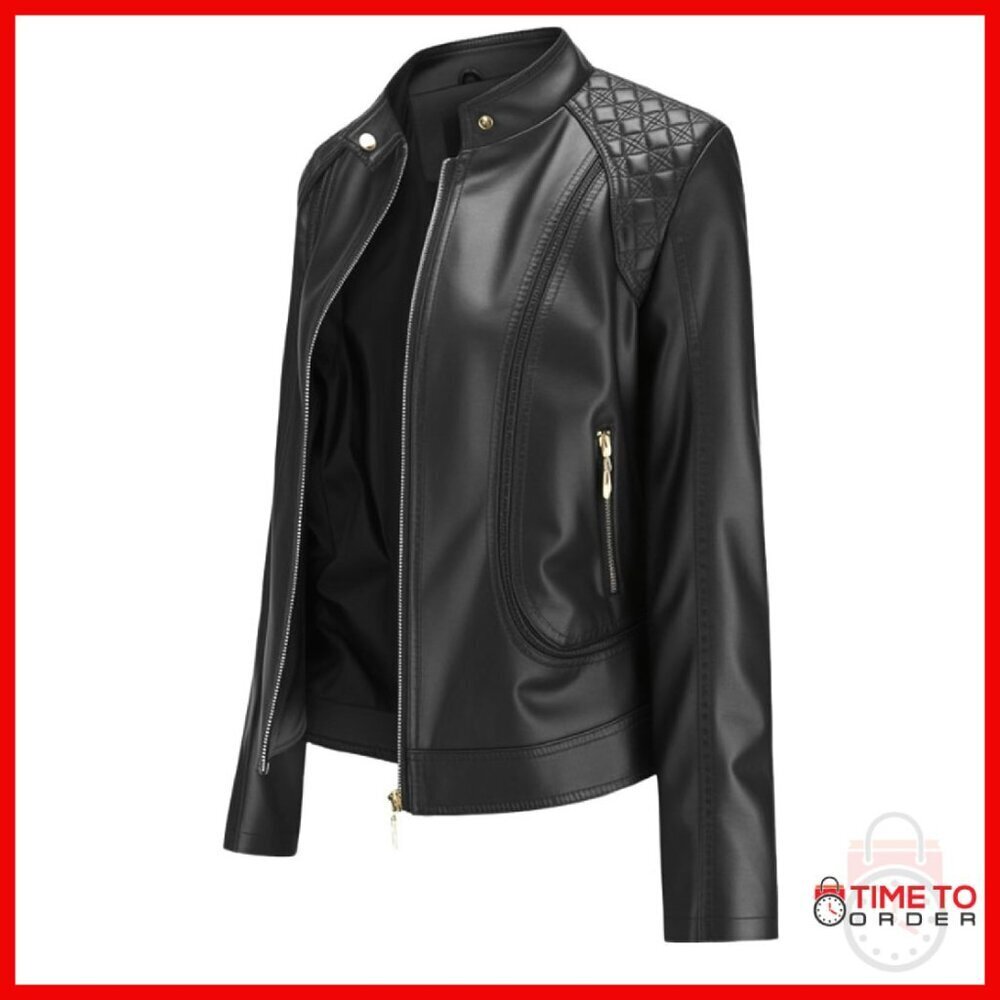 Women's Faux Leather Moto Jacket Short PU Coat Trendy Fashion